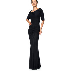 Tadashi Shoji Black Draped Mesh Asymmetrical Neckline Formal Gown Size Large